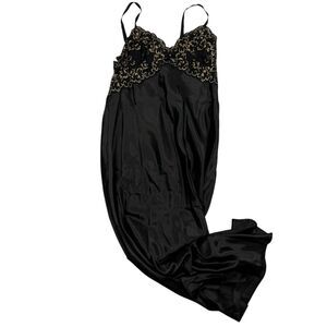 Thalia Sodi Intimates Black Satin Gold Lace Floral Long Gown Chemise Lingere S